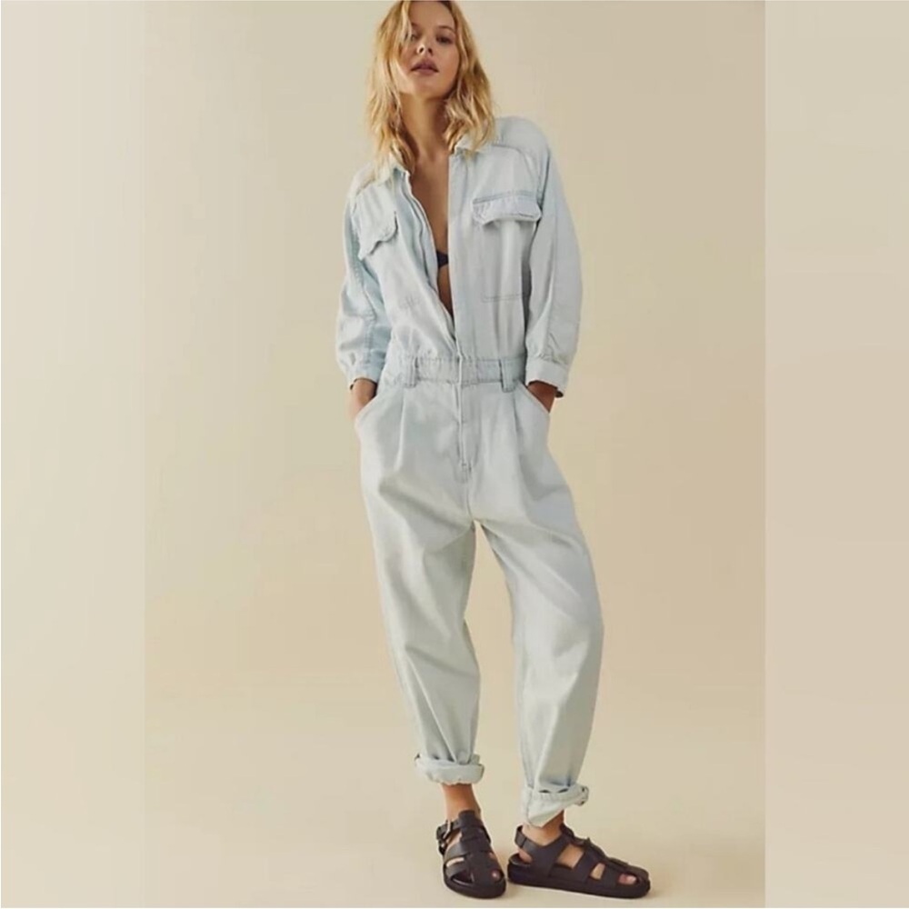 Free People We The Free Sammie Denim Boho Coveralls Medium - Picture 9 of 9